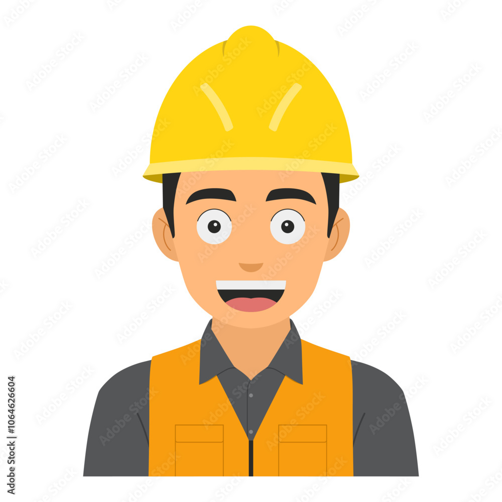 Vector illustration of a young factory worker smiling, wearing a yellow helmet and work uniform, isolated on a white background, avatar design Vector illustration of a young factory worker smiling, wearing a yellow helmet and work uniform, isolated on a white background, avatar design