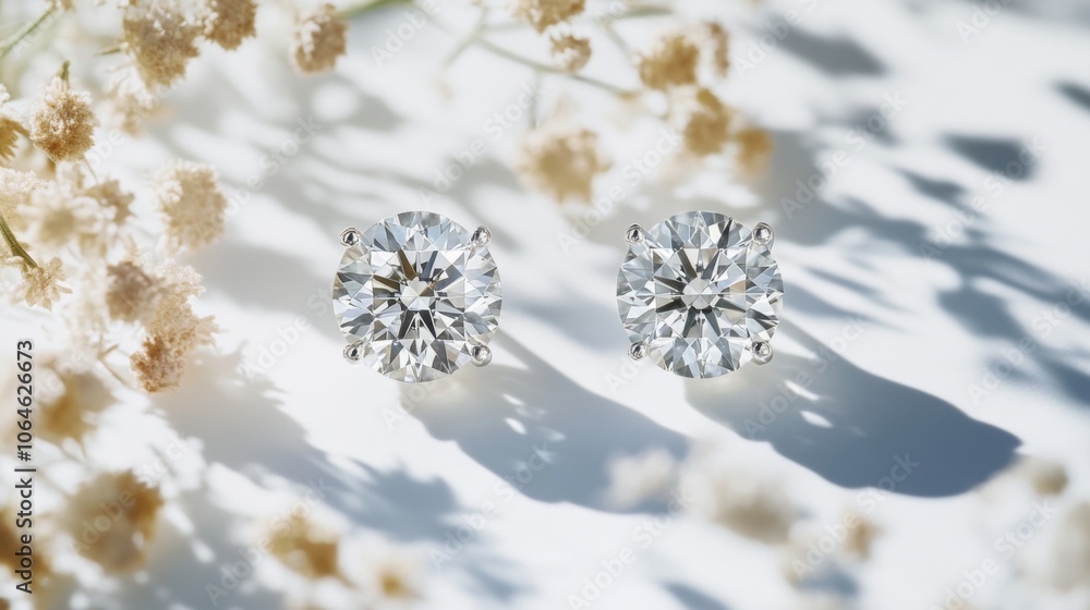 Elegant Diamond Earrings on Soft Floral Background Elegant Diamond Earrings on Soft Floral Background
