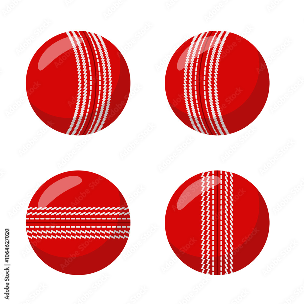 Four vector illustrations of cricket balls from different views, isolated on a white background, sports equipment Four vector illustrations of cricket balls from different views, isolated on a white background, sports equipment