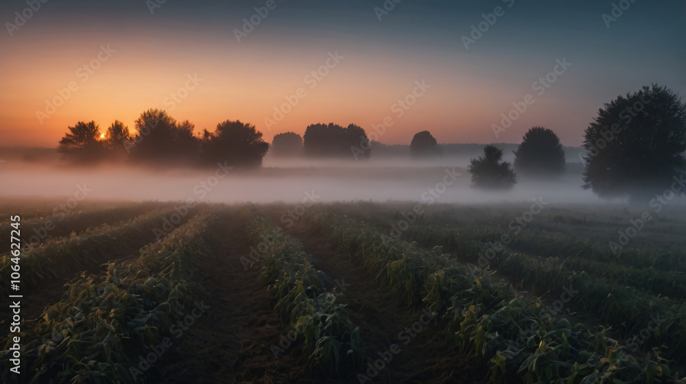 Dark autumn fields with rural road in fog at dusk. Fall trees with orange foliage. Landscape