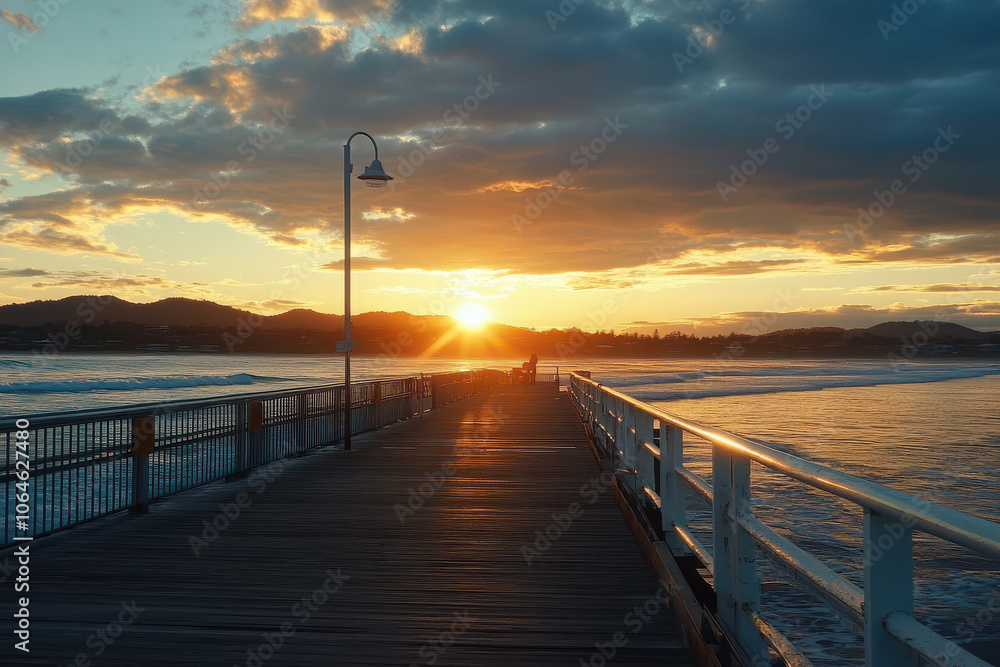 Fototapeta premium A serene pier at sunset, with gentle waves and a warm glow illuminating the scene.