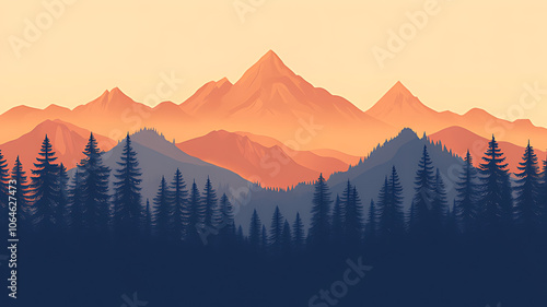 A scenic sunset view of a mountain range with a forest in the foreground.