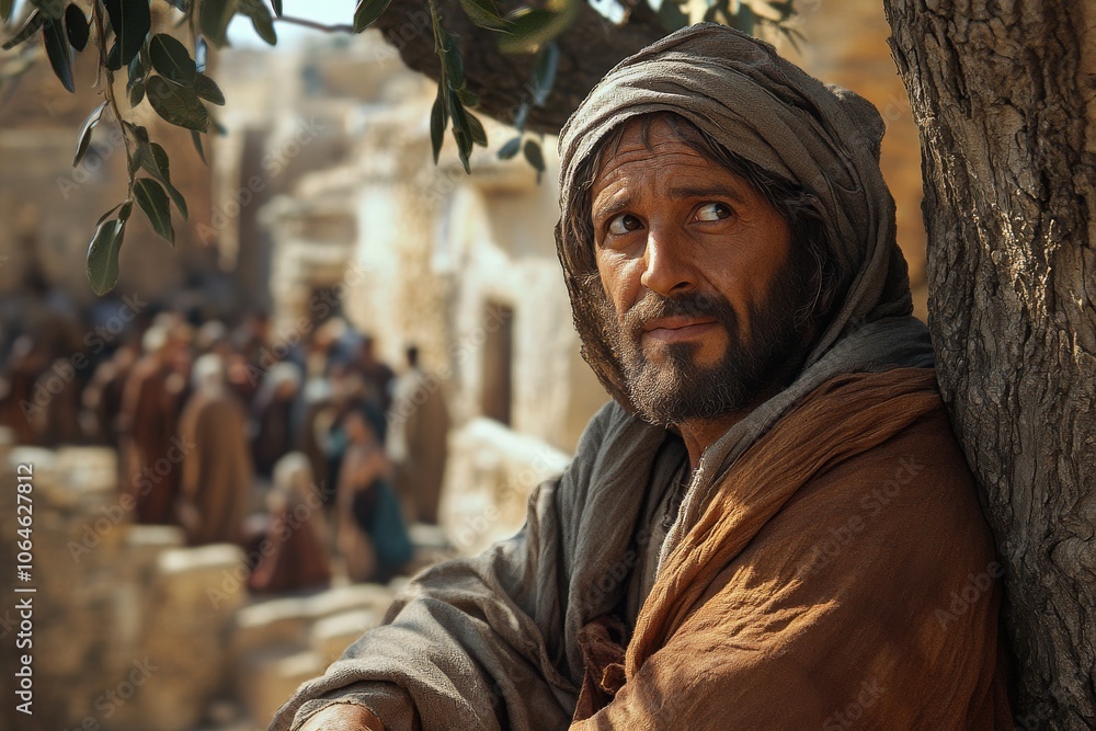 Zacchaeus on tree branch looking at Jesus. Zacchaeus on tree branch looking at Jesus.