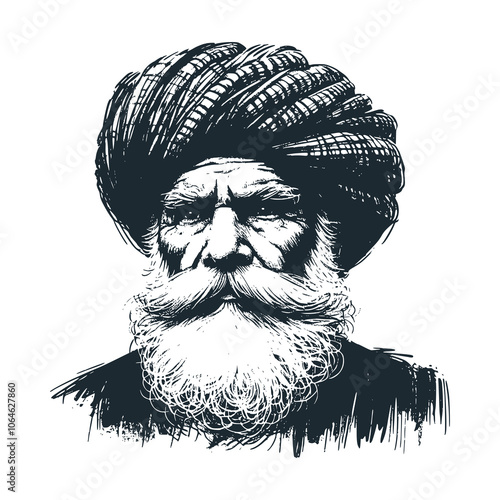 The gaze of the old man in the turban. Black white vector illustration.