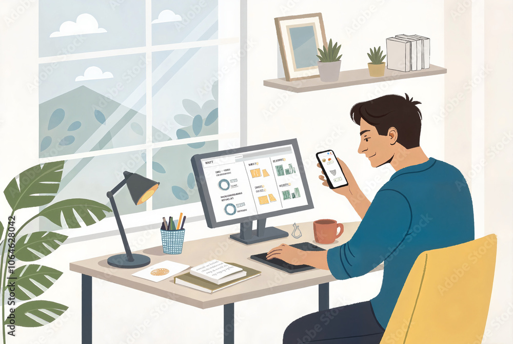 Man working from home at desk with computer and phone
Man working from home at desk with computer and phone