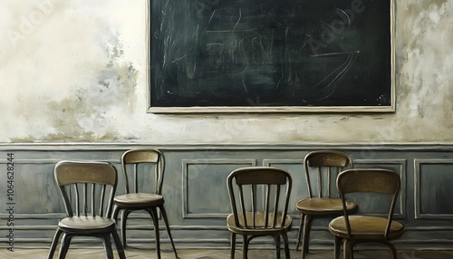 Five Chairs and a Blackboard in a Rustic Interior photo