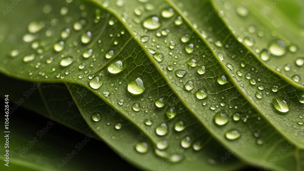 Beautiful details of nature. Morning dew drops on fresh green leaf. Summer nature macro pattern Beautiful details of nature. Morning dew drops on fresh green leaf. Summer nature macro pattern