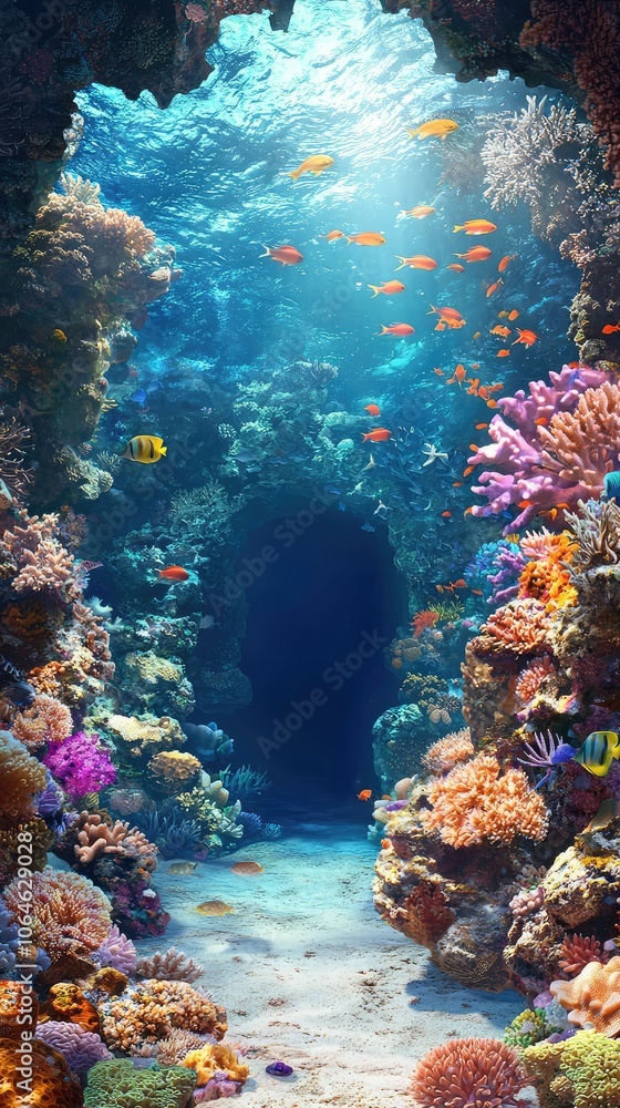Naklejka premium Mysterious Underwater Cave Entrance Surrounded by Coral