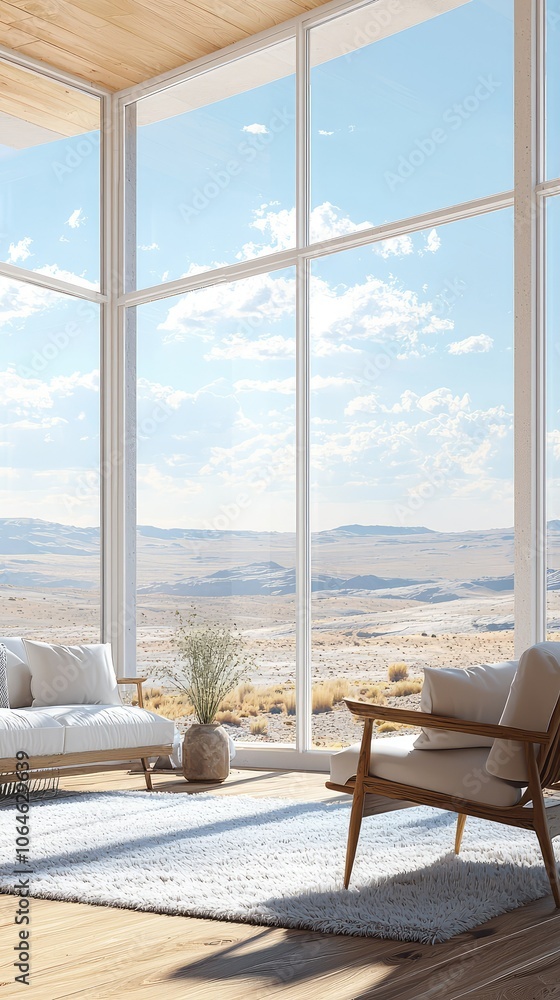 Fototapeta premium Bright Living Room with Stunning Floor-to-Ceiling Windows