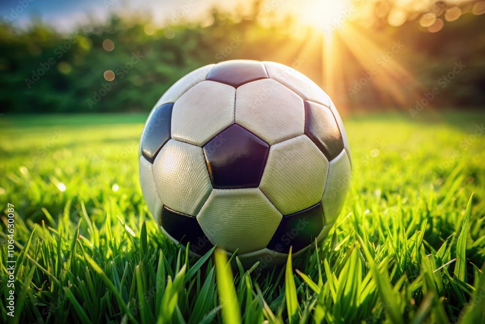 Obraz premium Macro Photography of Soccer Ball in Midfield Grass, Capturing Textures and Details of Sports Equipment for Dynamic Sports Imagery