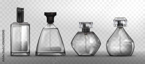 White glass bottle with sprayer and lid for fragrance. Empty transparent cosmetic container mockup. Realistic 3d vector illustration set of perfume water packaging. Essence flask and flacon template.