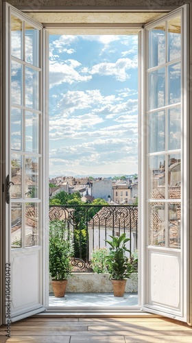 Charming French Balcony with Open Windows and Scenic View photo