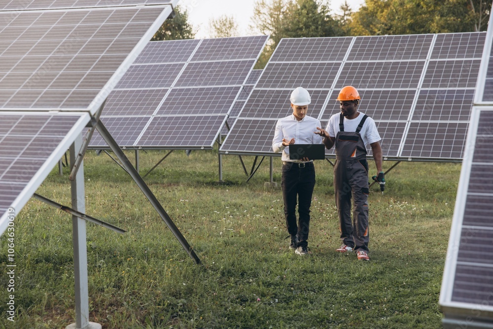 Engineers Discussing Solar Panel Installation in Field Engineers Discussing Solar Panel Installation in Field