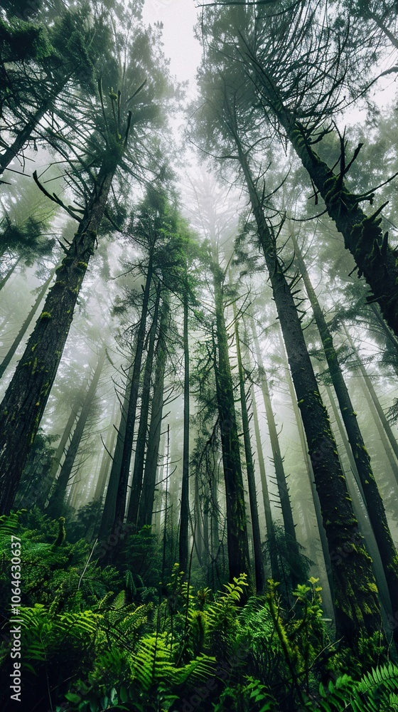 Naklejka premium Enchanted Forest: Tall Trees & Foggy Mist