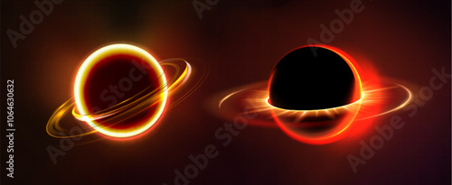 Glowing planetary spheres with luminous rings on dark background. Two cosmic orbs with bright yellow and red halos with celestial lighting effects. Realistic space astronomical design elements.