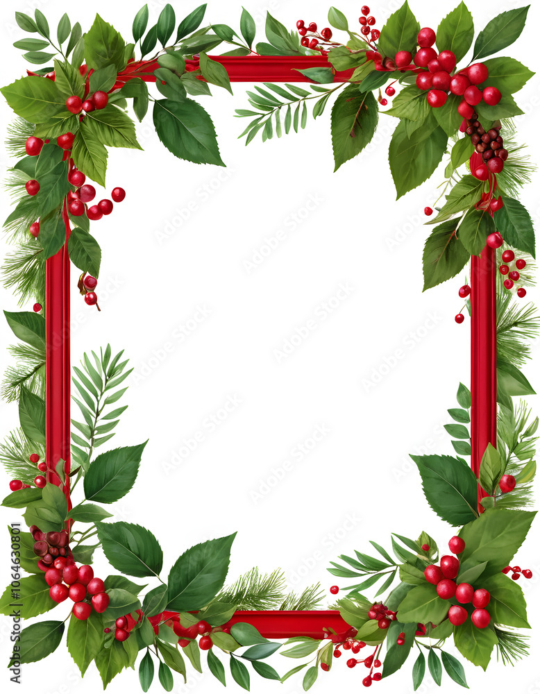 Fototapeta premium A decorative red frame filled with various shades of green leaves 
