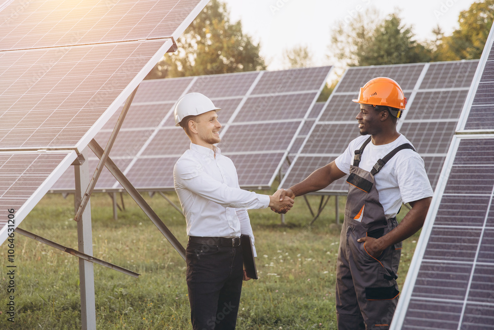 Engineers Shaking Hands in Solar Panel Field Under Sunlight Engineers Shaking Hands in Solar Panel Field Under Sunlight