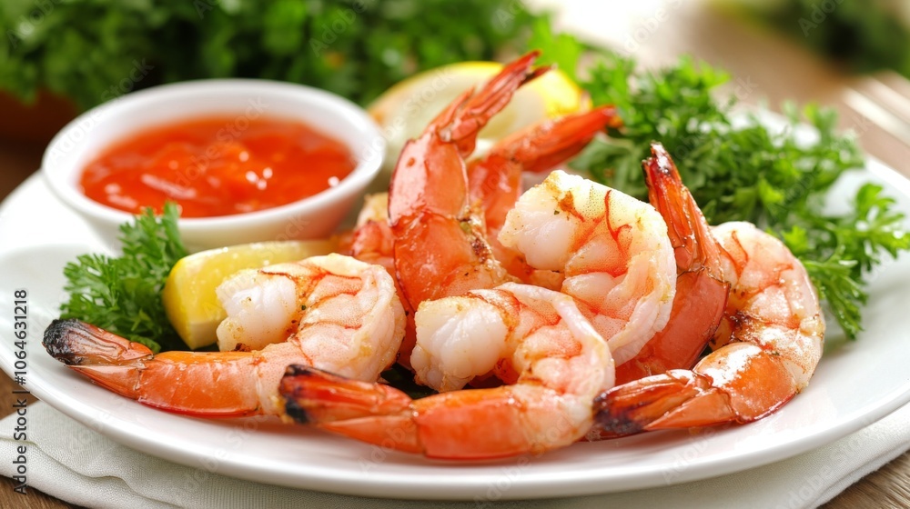 Fresh Shrimp with Sauce and Lemon Garnish Fresh Shrimp with Sauce and Lemon Garnish