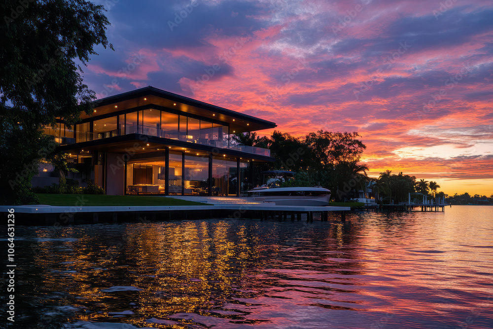 Fototapeta premium Modern lakeside house at sunset with vibrant sky reflections on water.