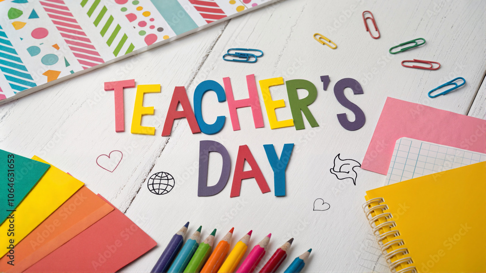 Teacher's Day celebration supplies with colorful stationery
Teacher's Day celebration supplies with colorful stationery