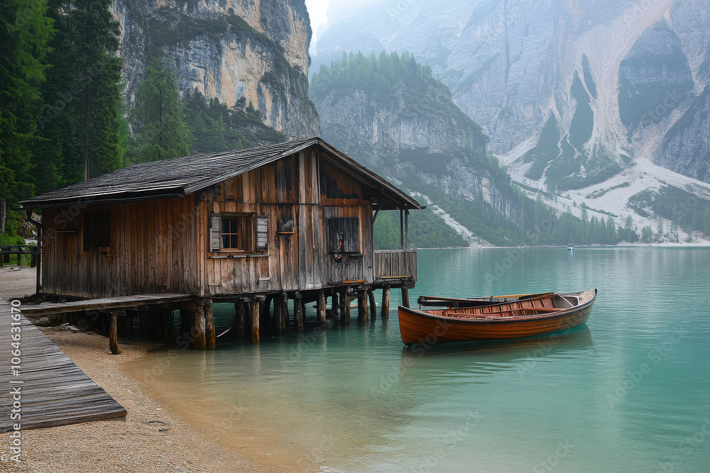 Naklejka premium A serene lakeside scene featuring a wooden cabin and a boat amidst mountains.