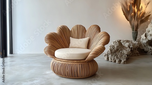 Chair rotan natural wood single seat with rattan material, comfortable for interior/exterior furniture, isolated on white background photo