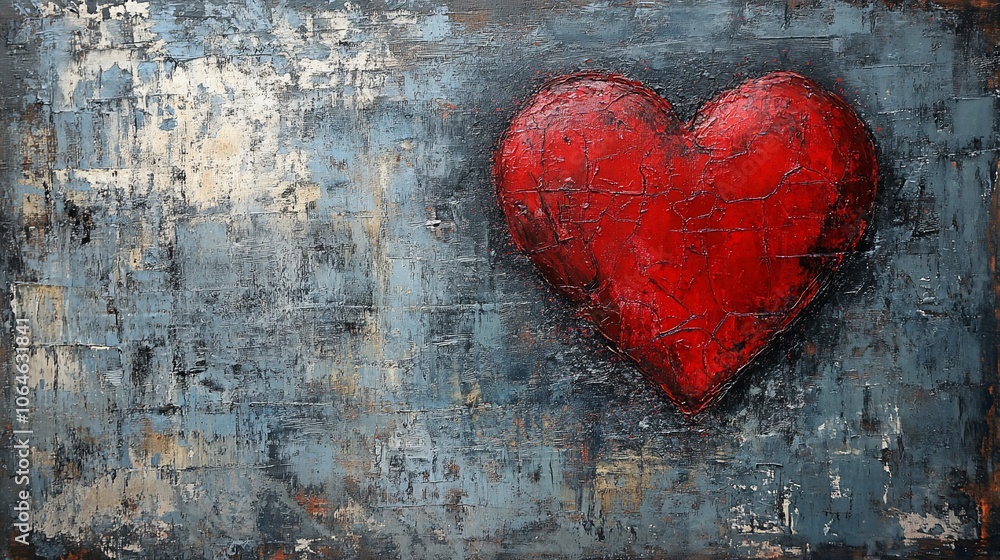 Red heart painted on a textured blue background. Red heart painted on a textured blue background.