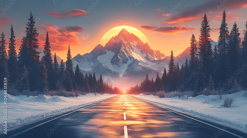 A winding road through a snowy forest leads to a majestic mountain peak with a stunning sunset in the background. A winding road through a snowy forest leads to a majestic mountain peak with a stunning sunset in the background.