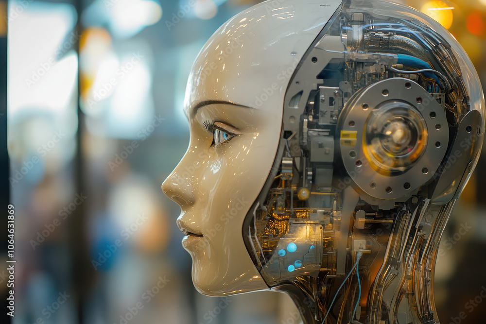 Fototapeta premium A close-up of a humanoid robot showcasing intricate mechanical components and a lifelike face.