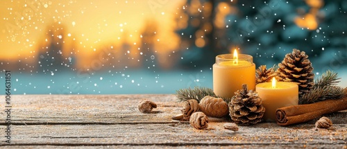 Cozy winter decor with candles, pinecones, and festive elements, warm glow and snow. photo