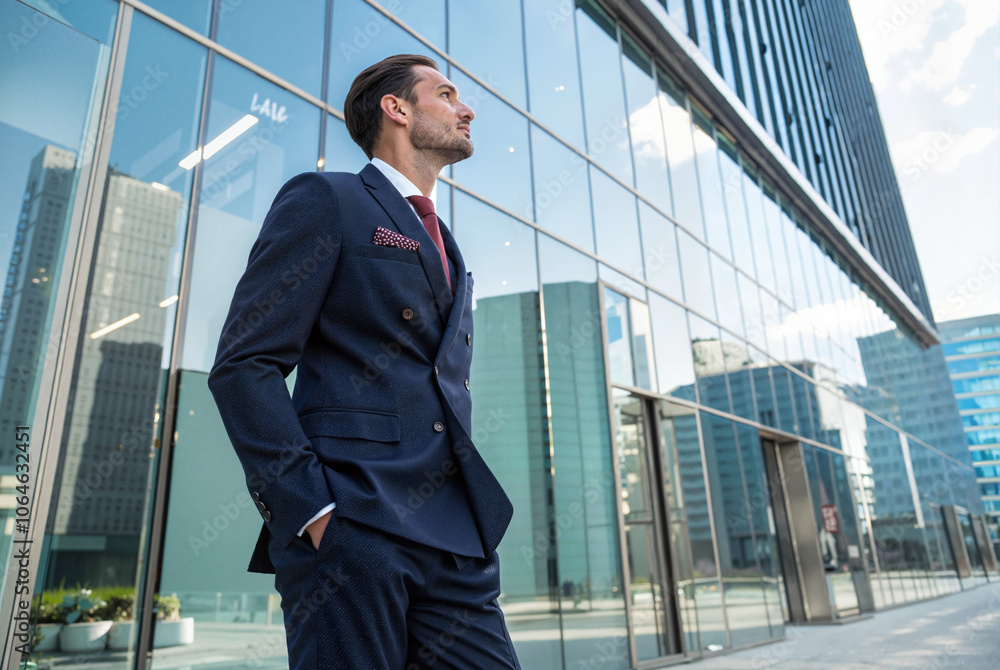 Confident man in navy suit near contemporary glass office exterior
Confident man in navy suit near contemporary glass office exterior