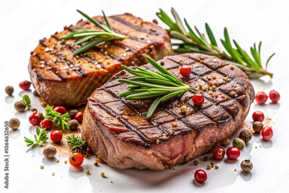 Two pieces of meat with sprigs of rosemary and pepper on top Two pieces of meat with sprigs of rosemary and pepper on top