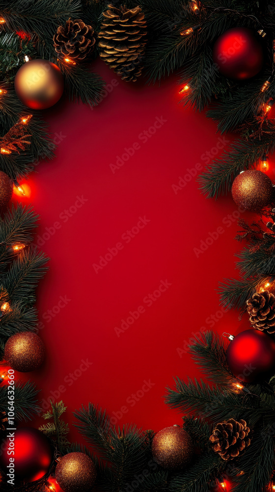 Festive Christmas Border Frame with Pine Branches and Baubles on Red Background for Seasonal Promotions Festive Christmas Border Frame with Pine Branches and Baubles on Red Background for Seasonal Promotions