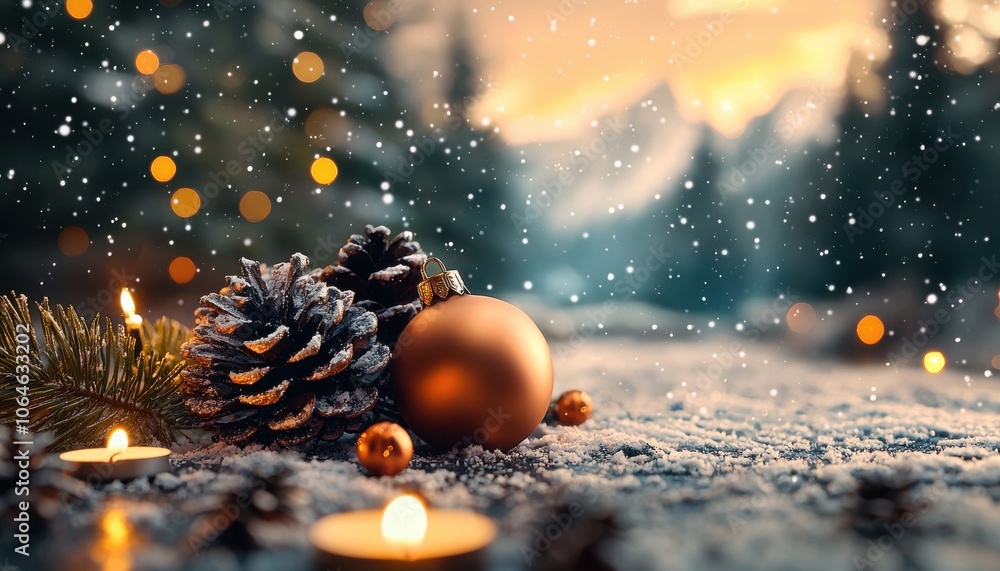 Fototapeta premium Snowy evening scene with festive decorations and warm candlelight ambiance.