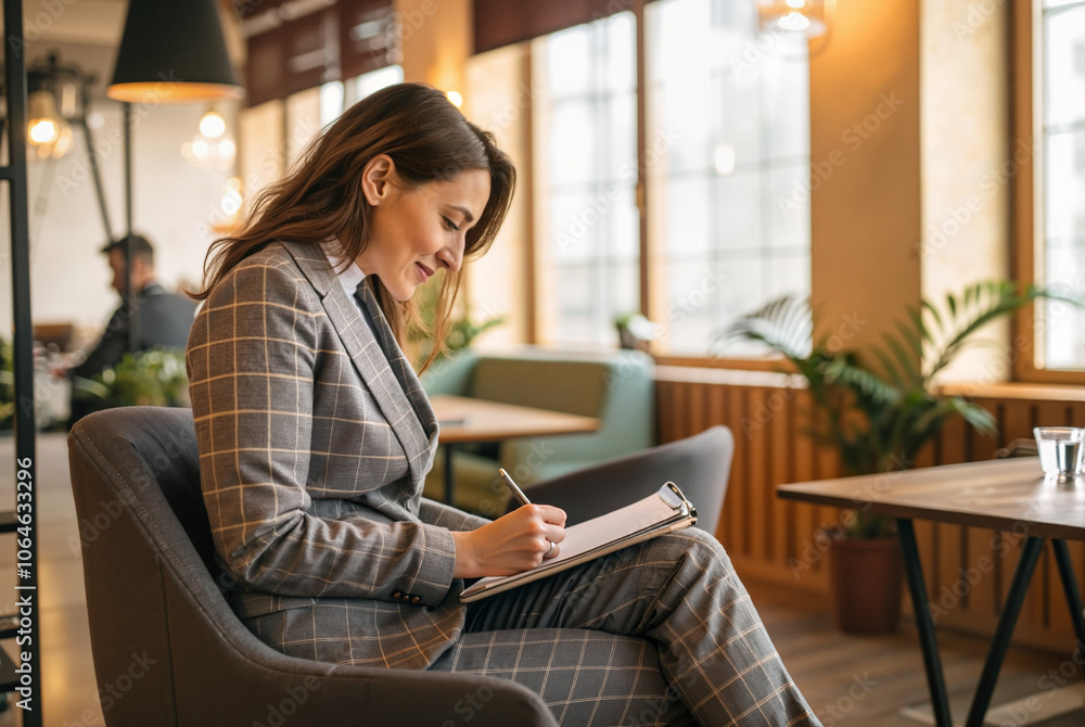 Young businesswoman writing notes in cozy cafe setting
Young businesswoman writing notes in cozy cafe setting