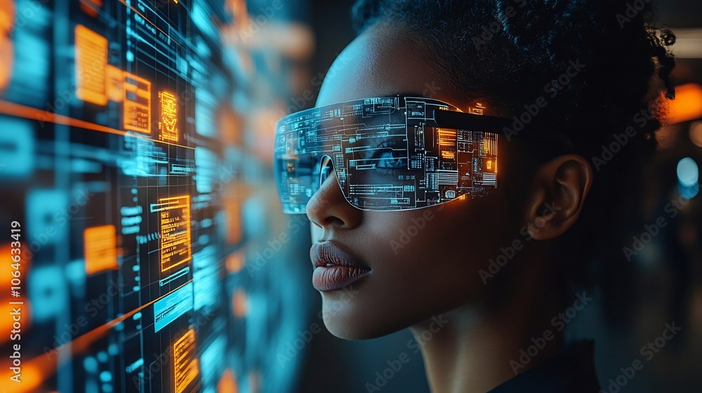 Person using augmented reality AR glasses a cyber security overlay displaying secure connections and privacy information in realtime Person using augmented reality AR glasses a cyber security overlay displaying secure connections and privacy information in realtime