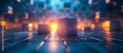 A futuristic scene featuring glowing cubes in a digital landscape.