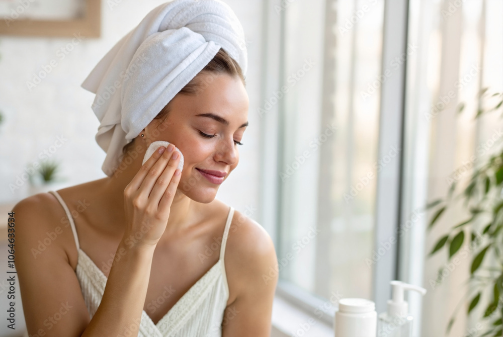 Young woman applying toner with cotton pad in bathroom
Young woman applying toner with cotton pad in bathroom