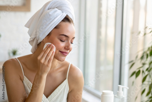 Young woman applying toner with cotton pad in bathroom

 photo