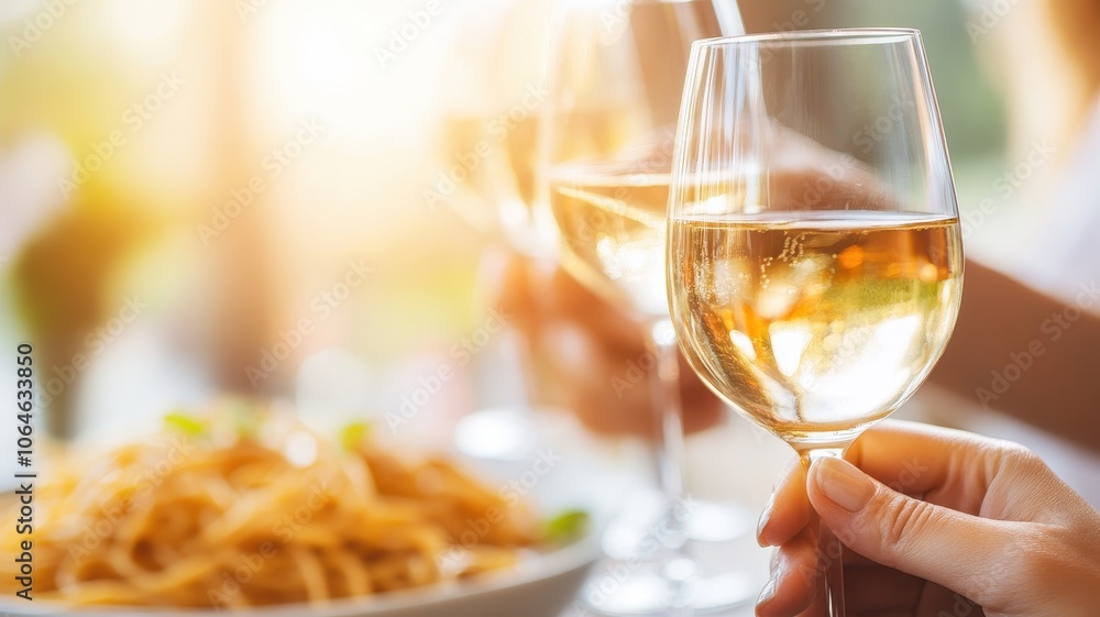 Obraz premium Cheers with sparkling white wine, pasta plate in background, bright warm ambiance.