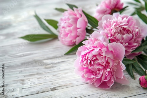 Stunning pink peonies on white rustic wooden background. Copy space