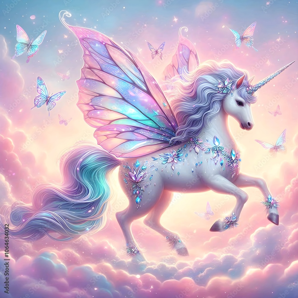 A painting of a Majestic Unicorn with Iridescent Wings Soaring Through Pastel Dreamscapes. A painting of a Majestic Unicorn with Iridescent Wings Soaring Through Pastel Dreamscapes.