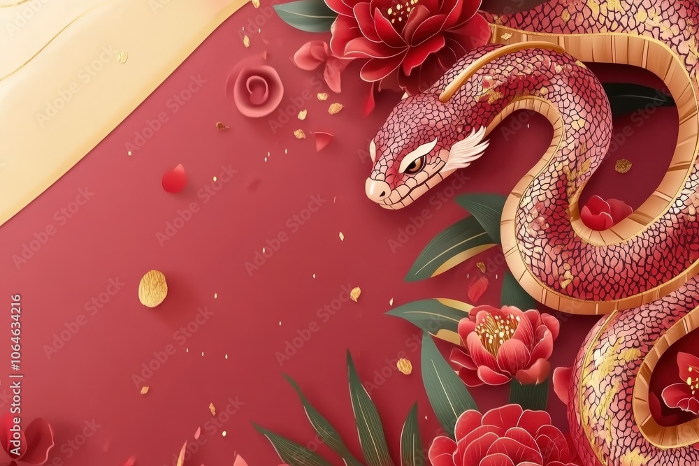 Red Snake with Flowers on a Red Background. Red Snake with Flowers on a Red Background.