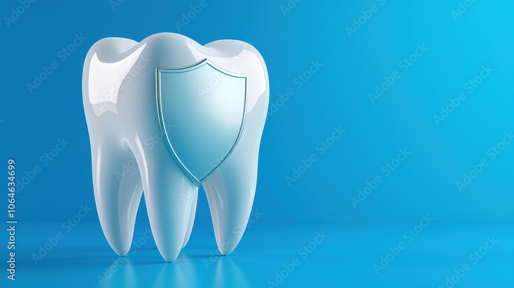 Large 3D tooth with a medical shield icon, vibrant blue background, ideal for dental care, protection, and oral health awareness visuals Large 3D tooth with a medical shield icon, vibrant blue background, ideal for dental care, protection, and oral health awareness visuals