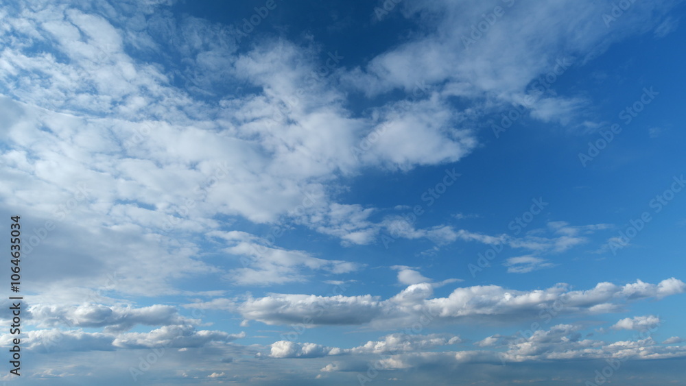 Fototapeta premium Clouds move in the blue sky. Tropical sky at day time, only white and blue colors. Semi-transparent layers on different height. Timelapse.