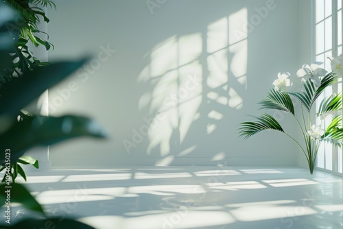 Abstract white studio with window shadows  flowers  palm leaves.