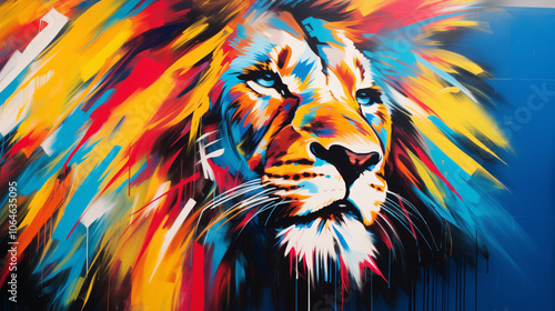 Street art graffiti on the wall with a colorful lion