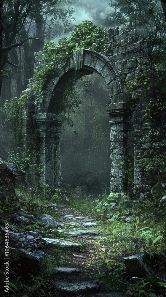 Ancient Overgrown Stone Archway in Dark Forest Ancient Overgrown Stone Archway in Dark Forest