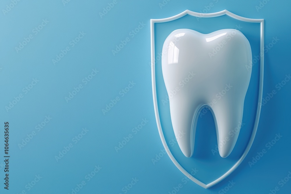 Shiny tooth and protective medical shield on bright blue, minimalistic design representing dental health, safety, and preventative care themes Shiny tooth and protective medical shield on bright blue, minimalistic design representing dental health, safety, and preventative care themes