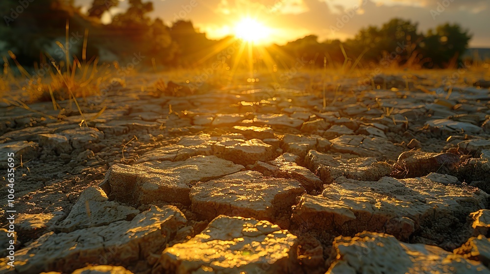 Obraz premium Golden Sunset Over Cracked Earth: Arid Landscape Photography